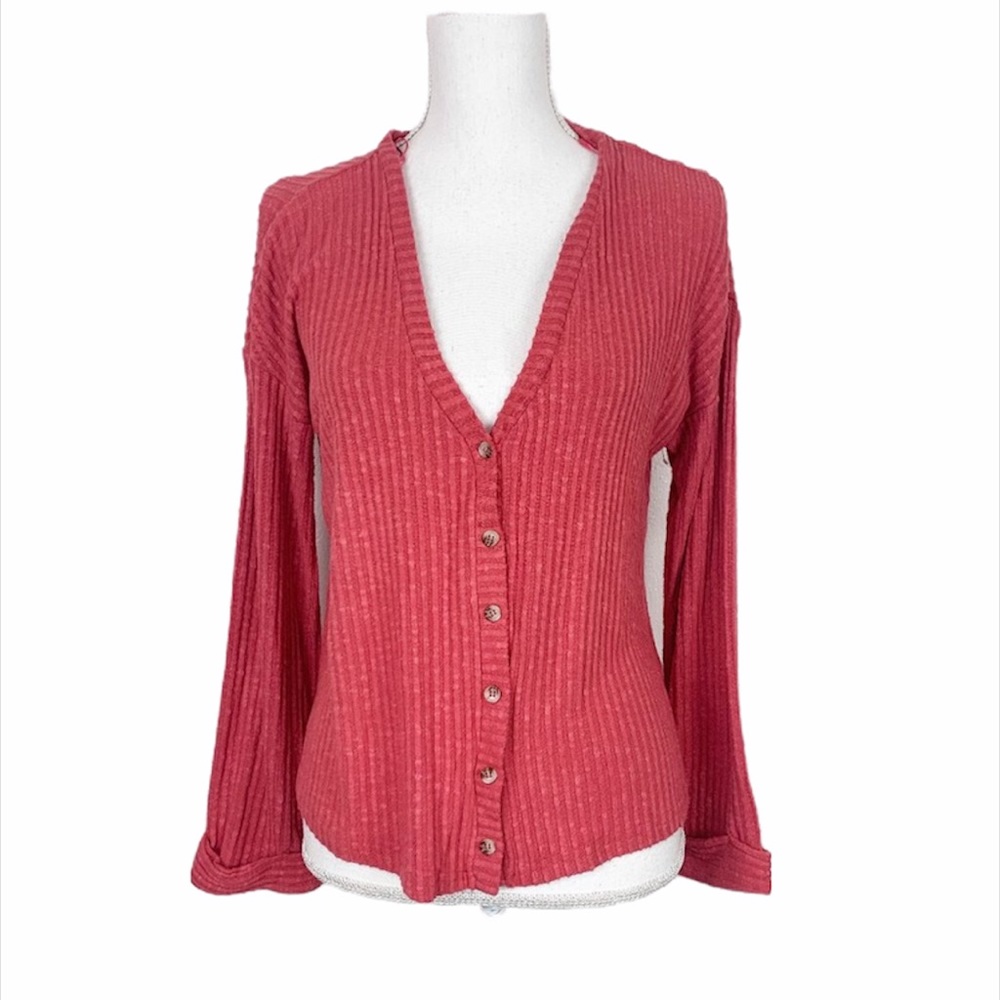 Code x Mode Sweater Women Small Red Ribbed Knit Cardigan Bell Sleeve Button Up